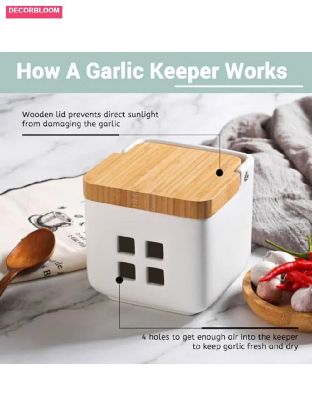 Ceramic Garlic Keeper with Wood Lid, Ventilated Storage Container for Counter